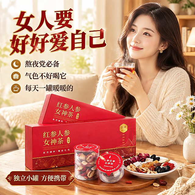[主图-3] 人群场景图，女性日常饮用场景，唤起目标用户共鸣。
[产品严格还原] 礼盒深红色配金色文字，小罐为矮胖圆柱形透明塑料罐，红色压纹铝箔封膜带水滴撕耳，封膜文字完全还原。
[统一基调] 拼多多食品滋补风格，大字直白，暖调生活场景，主标题深红色粗黑体加金边，辅助文案深棕色细黑体，温馨滋补感。
[画面] 画面右侧一位30岁左右气质优雅的东方女性，坐在温馨客厅小桌边，双手捧着一杯冒着热气的女神茶，面带微笑状态好。桌上放着打开的红参人参女神茶礼盒，旁边摆着两个真实小罐（矮胖透明罐红色封膜，其中一罐已撕开）和几样原料。背景温暖居家环境，柔和自然光从窗户照入。左侧文案区。
[光影质感] 生活摄影质感，暖自然光柔和明亮，人物皮肤自然，茶汤通透有热气，整体温馨舒适。
[配色] 暖米色家居背景，主标题深红加金边，辅助文案深棕，产品红金配色。
[文字版式] 左侧上方大标题"女人要好好爱自己"深红粗黑体加金边，下方三行小字"熬夜党必备""气色不好喝它""每天一罐暖暖的"深棕色，每行配小金图标。底部"独立小罐 方便携带"金色字。
[输出要求] 1:1正方形，人物自然美观无畸形，小罐包装严格还原矮胖透明罐+红色封膜+撕耳，文字清晰，无水印，禁止医疗功效和病症对比，禁止绝对化用语。