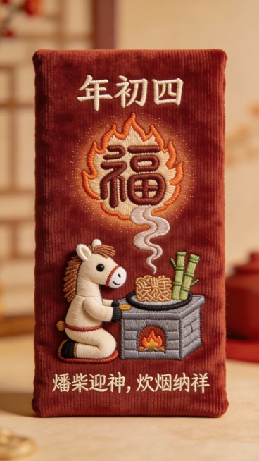 正面展示，赭红灯芯绒红包，烫印灶火纹光晕。刺绣棕榈色小马布偶跪坐灶前。灶台刺绣饴糖与甘蔗纹样，飘出的炊烟构成“福”字篆书。上方绣稳重魏碑“年初四”，下方绣行楷“燔柴迎神，炊烟纳祥”。没有最后一层背景预览效果