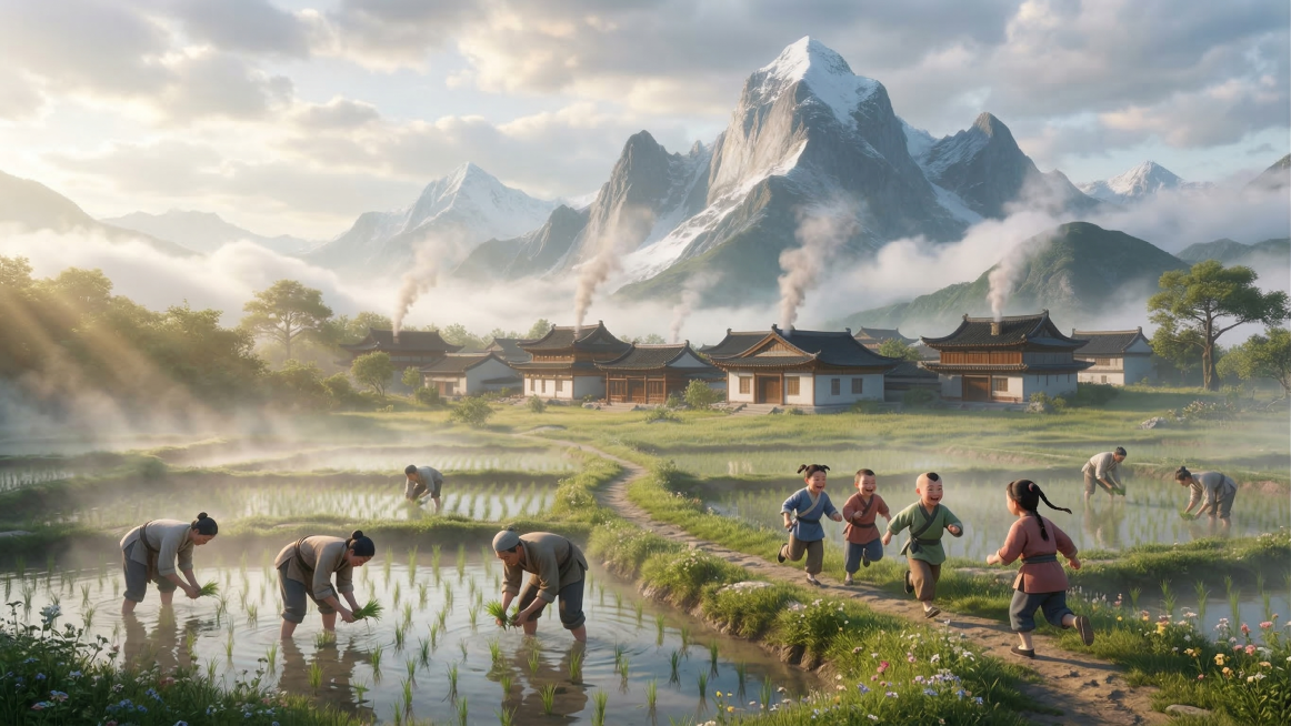 延续参考图的国风3D写实风格，青丘村田间，村民弯腰耕种，孩童在田埂上追逐奔跑，背景是云雾缭绕的雪山和古村落，炊烟袅袅，清晨的田野薄雾轻笼，阳光穿透云层洒下，一派祥和的清晨田园景象预览效果