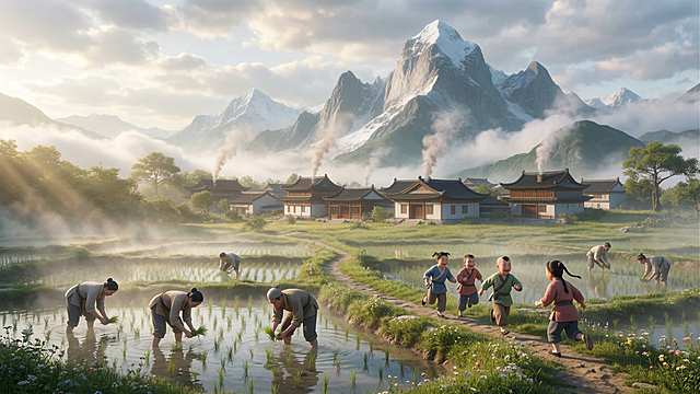 延续参考图的国风3D写实风格，青丘村田间，村民弯腰耕种，孩童在田埂上追逐奔跑，背景是云雾缭绕的雪山和古村落，炊烟袅袅，清晨的田野薄雾轻笼，阳光穿透云层洒下，一派祥和的清晨田园景象