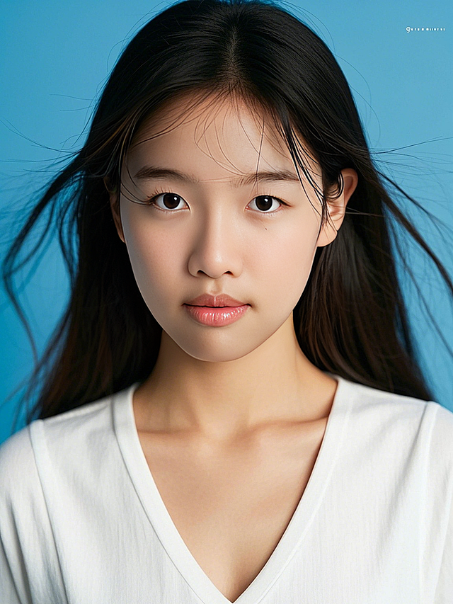 一个女生，证件照，干净的纯蓝色背景