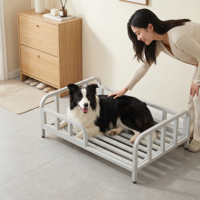 浅灰色金属框架狗床，保持原产品物理结构绝对不变，床下面没有轮子，床腿没有额外东西，床上没有床垫。产品主体不变形不扭曲。
微俯视构图，狗床放置在入户玄关浅灰色防滑地砖上，背景是浅原木鞋柜和奶油色墙面，简预览效果