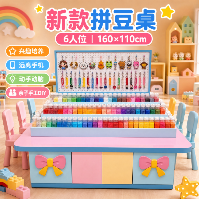 淘宝主图，卡通风新款拼豆桌，6人位，尺寸160*110，展示拼豆桌全貌，突出兴趣培养远离手机冻手动脑手工DIY卖点，风格明亮活泼适合亲子预览效果