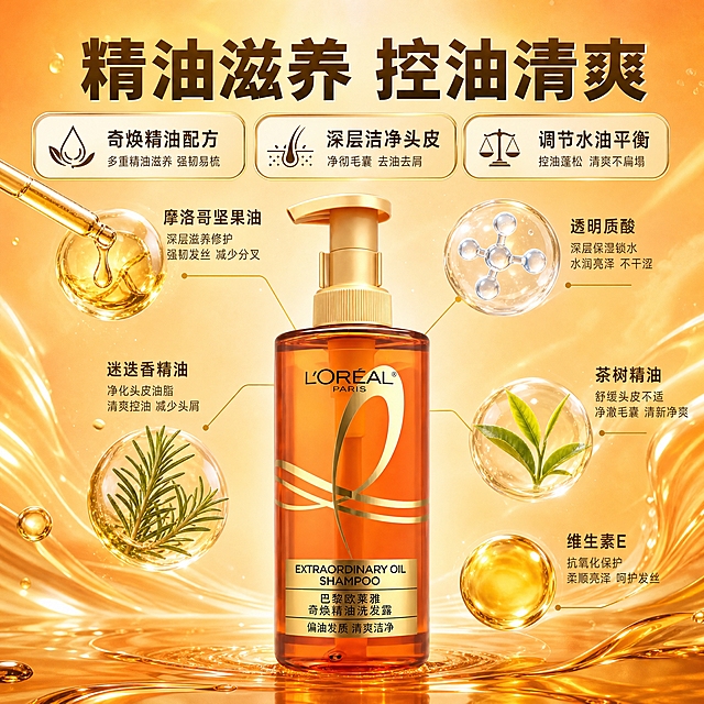 [主图-2] 核心卖点之精油成分解析，展示奇焕精油的滋养成分和控油功效。
[统一基调] 拼多多风格大字直白，暖橙金主色调，背景为通透的琥珀橙渐变流体，搭配金色光带和晶莹水滴，营造精油洗护的高级水润氛围。主标题用粗黑体大字，白色或金色，强对比；辅助文案用深棕色或白色小号字；强调色为金色。整套主标题字体统一为粗黑体，说明文字统一为细黑体。
[画面] 产品瓶身位于画面下方，占比约40%，正面展示。画面上方和中部悬浮多种精油成分原料视觉元素：金色精油滴液、透明质酸分子球、植物叶片（如迷迭香、茶树叶片），用金色细线从成分元素引向产品瓶身，标注对应功效。画面顶部超大号主标题：「精油滋养 控油清爽」。画面中部左右分布三个金色圆角小卡片，分别写：「奇焕精油配方」「深层洁净头皮」「调节水油平衡」，每个卡片配一个简约小图标。背景为浅橙渐变加柔和光斑。
[光影质感] 商业摄影质感，产品光影与首图一致，悬浮成分元素有通透玻璃质感和柔和光晕，整体明亮高级。
[配色] 琥珀橙、金色、白色、浅绿点缀，背景浅橙渐变。
[文字版式] 主标题粗黑体大号金色，居中顶部。功效卡片白色底金色边框，内文细黑体深棕色。引线文字小号金色。
[输出要求] 1:1正方形，2048px，文字清晰无错字，产品清晰不变形，成分元素真实自然，无水印，无平台Logo。禁止变形、错字、模糊、杂乱。
