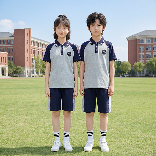 校园风校服套装主图1，正面全身双人模特展示。画面为1:1正方形构图，商业摄影质感，光线明亮柔和通透，产品清晰真实，画面干净高级。两名亚洲小学生模特，一男一女，约10-12岁，面容清秀自然，站姿端正有活力，正面朝向镜头，全身完整入镜从头顶到脚底。两人均穿着与图1产品完全一致的校服套装：上装为灰色主体Polo短袖，藏深蓝色插肩袖，肩部和袖子有淡紫色拼接条，藏蓝色翻领带有白紫白三条细边，门襟三颗纽扣，左胸有圆形CCQ徽章；下装为藏深蓝色短裤，两侧有淡紫色和麻灰色拼接块，侧边有灰色反光条。两人均穿着白色中筒袜，袜口处有三条平行黑色横条纹，两人均穿着纯白色运动鞋。保持服装面料、款式、颜色、拼接结构、徽章位置与输入产品图1绝对一致，杜绝任何变形和色差，精细化处理。背景为校园户外草坪场景，远处有红砖教学楼和蓝天白云，阳光明媚，青春校园氛围。人物头部不顶边，画面满屏无边框。画面禁止出现多余的手、多余的手指、畸形手、融合手指、手部扭曲、肢体穿模、人物面部扭曲、关节反折。无文字，纯图展示。