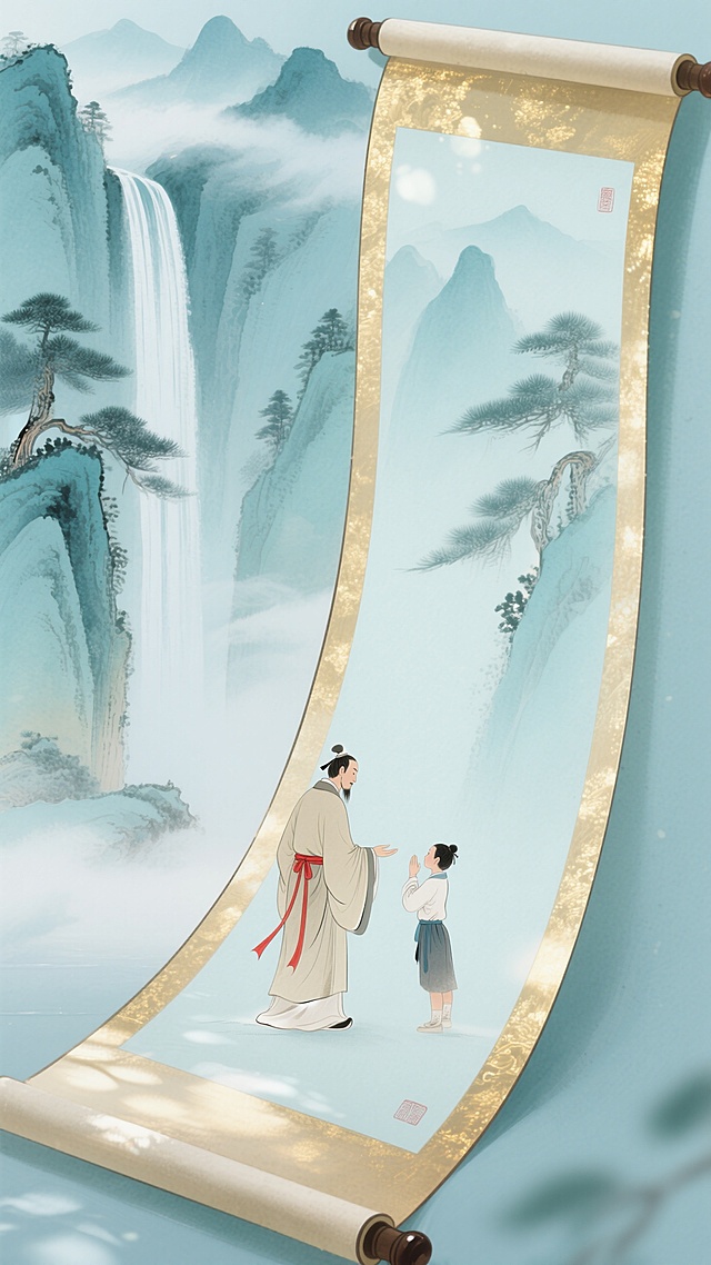 古典中式工笔风画卷，师徒对拜，水墨山水背景，意境深远。