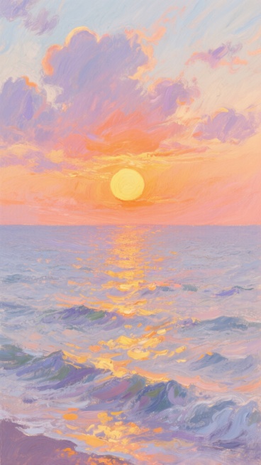 印象派风格海上日落，巨大的橙黄色太阳低垂在地平线上，天空被温暖的橘红、粉紫和淡蓝渐变色渲染，云层呈现柔和的笔触和朦胧的边缘，波光粼粼的海面反射着太阳的金色光芒，水面波纹以短促而活泼的笔触描绘，整体画面充满光影变幻和色彩的微妙交融，营造出宁静而温暖的黄昏氛围，具有浓厚的艺术感和浪漫情调。预览效果