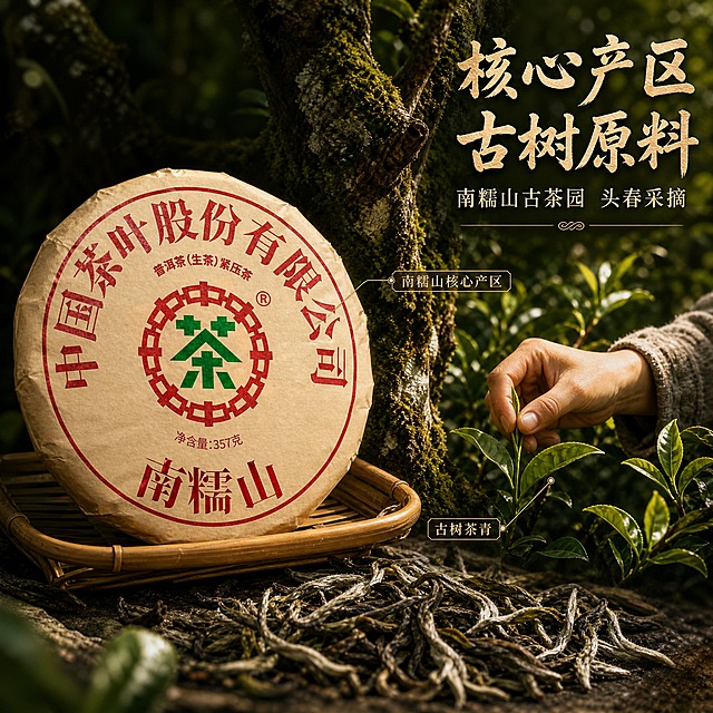 [主图-2] 核心亮点与溯源，展示南糯山核心产区与茶叶品质，建立信任感。
[统一基调] 沉浸式国风茶韵风格，深墨绿+暖棕+米金配色，主标题用粗笔书法字米金色带轻微阴影，辅助文案用细宋体浅米色，整体氛围氤氲茶香、古雅沉静。
[画面] 茶饼置于画面左侧，占画面约40%，斜放在竹制茶则上，茶饼外观与输入图完全一致。右侧为沉浸式南糯山古茶树特写场景，粗壮的古茶树树干上布满苔藓，阳光透过茂密的茶树叶洒下斑驳光影，采茶女的手（仅手部，着粗布衣袖）正在采摘鲜嫩的一芽两叶普洱茶青。画面用极细的金色引线从茶饼指向右侧古茶树场景，标注"南糯山核心产区"。画面下方散落干茶条索特写，条索肥壮显毫。
[光影质感] 自然林间光斑效果，主光从右上方斜射，茶饼有柔和阴影，茶叶纹理清晰，干茶条索有绒毫光泽，整体真实摄影质感。
[配色] 背景主色森林绿+暖棕，标题字色米金，辅助字色浅米色，引线金色。
[文字版式] 右上角主标题"核心产区 古树原料"，下方分两行小字"南糯山古茶园 头春采摘"，引线旁标注"古树茶青"。文字放在负空间不遮挡主体。
[输出要求] 1:1正方形800x800，文字清晰可读，产品清晰完整不变形，无错字，无水印，无平台Logo，无杂乱元素。