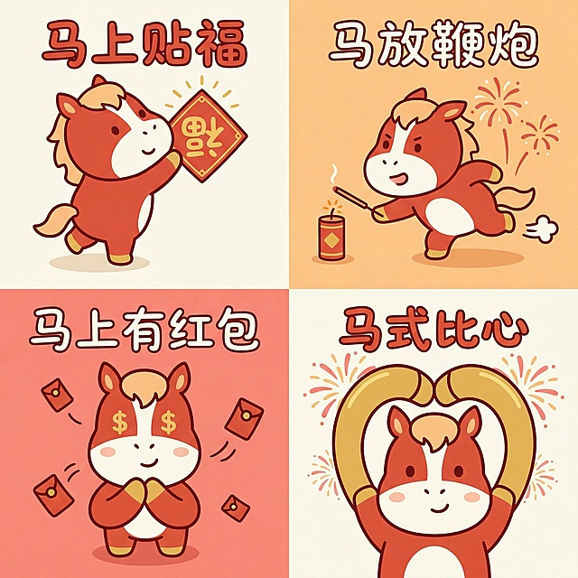 治愈系扁平化插画风格，一张马年新春热梗四宫格表情包插画。

画面为一个正方形画布，被均匀分成四个小格子（四宫格布局），每个格子中都是同一只可爱拟人化的小马角色，角色形象保持一致：大头小身体，圆润比例，线条简洁，整体风格统一。

四个格子内容分别为：

左上格：「马上贴福」
小马踮起脚尖，认真地将一张“福”字贴在门上。福字可设计为可翻转的动画，正贴后倒贴，最后冒出一圈金色光晕。

右上格：「马放鞭炮」
一匹胆子稍小的小马，伸长前蹄用香远距离点鞭炮，身体后缩，耳朵紧张地背起。点燃后，立刻转身逃跑，身后炸开一团可爱的卡通烟花。

左下格：「马上有红包」
小马化身“恭喜发财”姿势，双蹄作揖，眼睛却变成“$ $”符号，直勾勾盯着画面外，暗示“红包拿来”。身边可飞舞几个迷你红包。

右下格：「马式比心」
小马用两只前蹄在头顶比出一个超大的爱心，爱心可由闪亮的金色或红色构成，背景是绽放的烟花，适合拜年结尾。

每个格子内都配有对应文字：
「马上贴福 / 马放鞭炮 / 马上有红包 / 马式比心」
文字为圆润可爱的手写风中文字体，白色或金黄色字体，搭配红色描边，清晰易读。

整体色彩为治愈亮色系新年配色：
主色调为暖红色、奶油米白、浅橙色
点缀少量金色
四个格子的背景颜色略有变化，但整体和谐统一，可使用浅米白、淡橙、浅红等纯色背景。

插画风格为扁平化设计，色块清晰，无复杂光影和写实质感，画面简洁、治愈、有年味，非常适合社交平台发布的马年热梗表情包合集。
