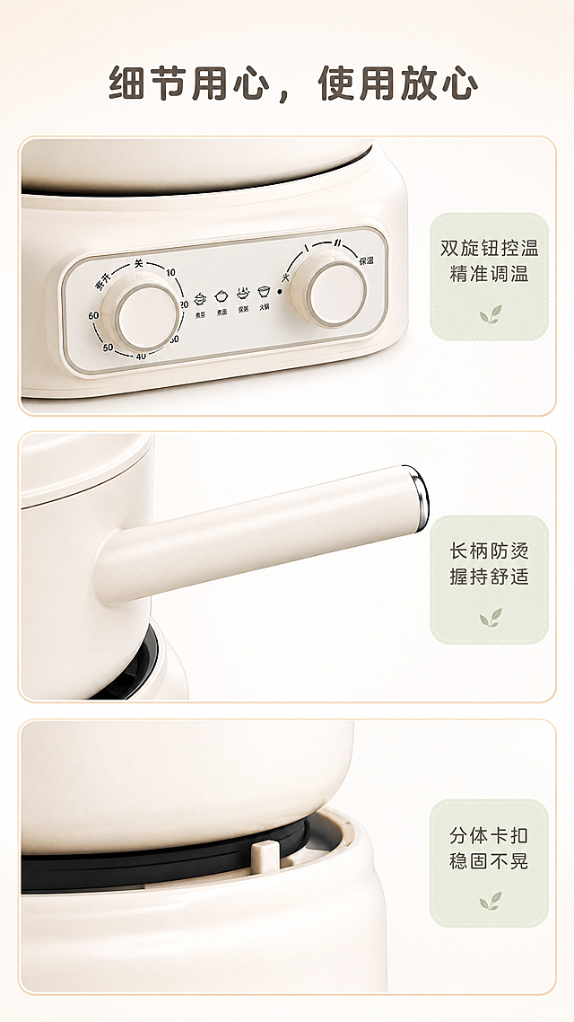 [第6屏] 细节材质展示-产品做工结构微距特写。
[氛围/风格] 细节特写页，专业质感，清晰锐利，突出材质工艺。
[元素布局] 画面分为三个局部特写区域：上方双旋钮控温区域特写，中间长柄把手特写，下方分体分离处结构特写。保持每个局部细节的颜色、材质、文字标识和原图产品一致。背景用暖白渐变，每个局部用圆角卡片分隔，浅木色卡片描边。
[光影质感] 局部布光清晰，每个细节纹理突出，旋钮刻度和标识清晰可见，金属反光柔和，整体干净通透。
[配色色系] 全局暖白底色，产品奶油白+米杏色，浅木色卡片边框，柔雾灰用于刻度和文字，点缀浅抹茶绿卖点标签。
[视角构图] 三分区竖版排版，从上到下依次展示三个细节，符合移动端滚动阅读习惯，每个特写占据合理区域，不拥挤。
[文字版式] 顶部主标题"细节用心，使用放心"，圆润无衬线字体；每个特写旁配卖点标签：「双旋钮控温 精准调温」「长柄防烫 握持舒适」「分体卡扣 稳固不晃」，纤细无衬线字体，浅抹茶绿标签底，文字清晰可读。
[比例分辨率] 9:16竖版，4K分辨率，文字清晰可辨，超高清。
[负向提示词] 细节模糊，结构变形，刻度文字错乱，颜色偏差，水印。