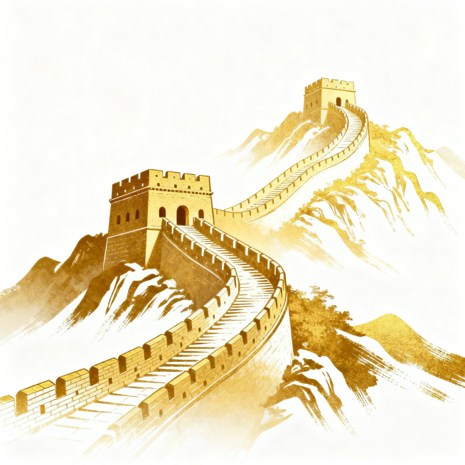 党建主题设计，白色背景，金色中国长城蜿蜒向上，烽火台与城墙线条流畅，山体轮廓简洁有力，整体呈现庄重典雅的设计感，金色渐变笔触细腻，画面干净利落，突出长城的雄伟与向上延伸的视觉引导，符合党建宣传的庄重氛预览效果