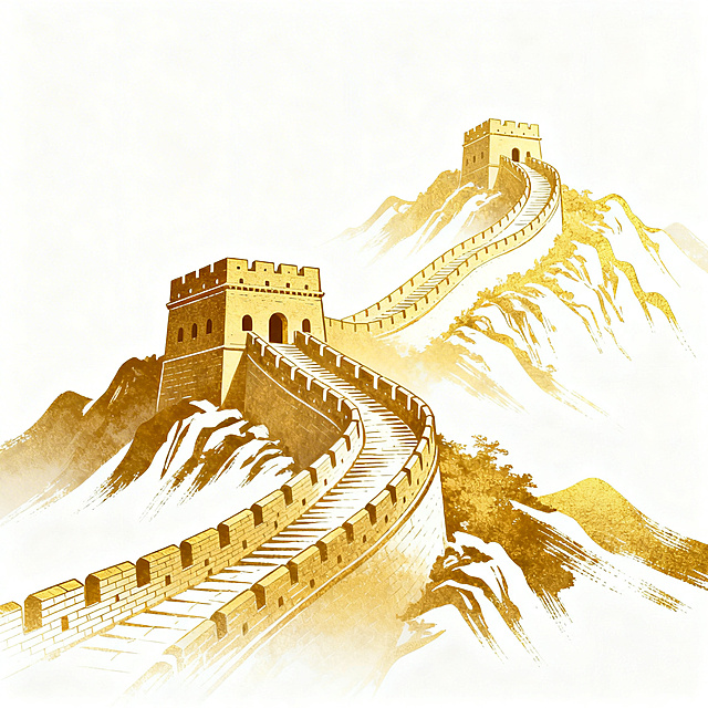 党建主题设计，白色背景，金色中国长城蜿蜒向上，烽火台与城墙线条流畅，山体轮廓简洁有力，整体呈现庄重典雅的设计感，金色渐变笔触细腻，画面干净利落，突出长城的雄伟与向上延伸的视觉引导，符合党建宣传的庄重氛围与积极向上的精神内涵