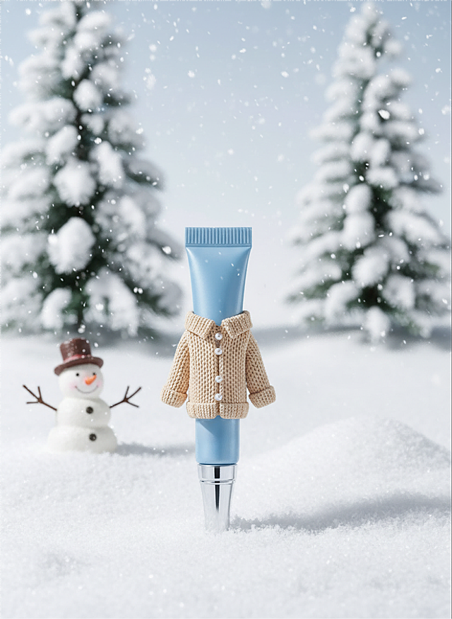 给商品穿上米色小毛衫（带小珍珠扣），不能掩盖商品本身包装。雪地背景，装饰雪花、雪人、树木元素。