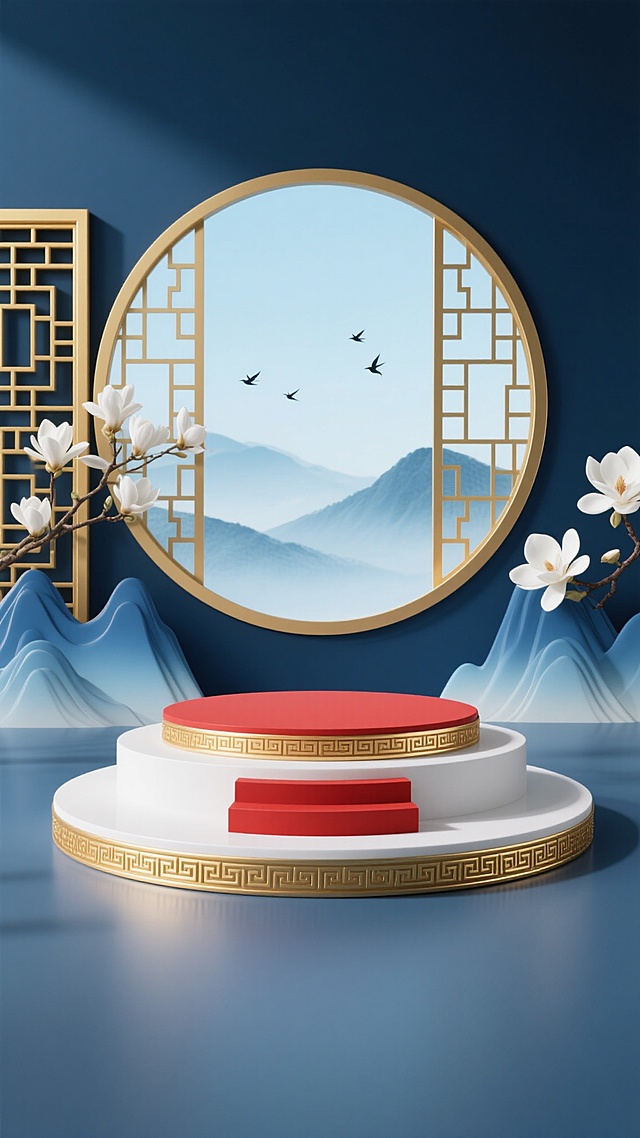 3D渲染风格展台，画面中央放置一个圆形展台，展台基座为金色回纹装饰的白色底座，中间是红色台阶，顶部是红色圆形台面，展台后方是带有金色边框的圆形镂空屏风，屏风两侧有蓝色渐变的山峦造型，左侧有金色镂空窗格和白色玉兰花枝，右侧有白色玉兰花，背景是浅蓝色天空和远处的淡蓝色山峦，点缀着几只飞鸟，整体色调改为以深蓝色和金色为主，搭配白色和少量红色，保持中国风意境和层次感，光影柔和，质感细腻。