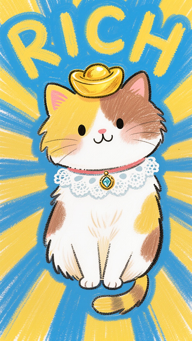 蜡笔风插画，可爱猫咪拟人化，头顶元宝，象征财富，节日喜庆氛围。