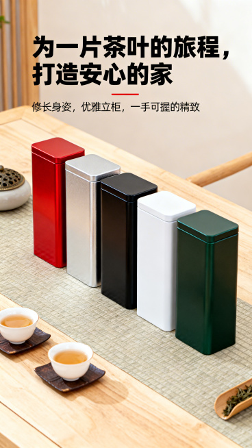 茶叶铁盒电商详情页首屏，70*70*150mm修长方形马口铁茶叶罐，红色、银色、黑色、白色、墨绿色多色产品并排展示在简约茶席场景上，背景浅原木色搭配素雅茶席，禅意茶文化氛围，搭配主标题"为一片茶叶的旅预览效果