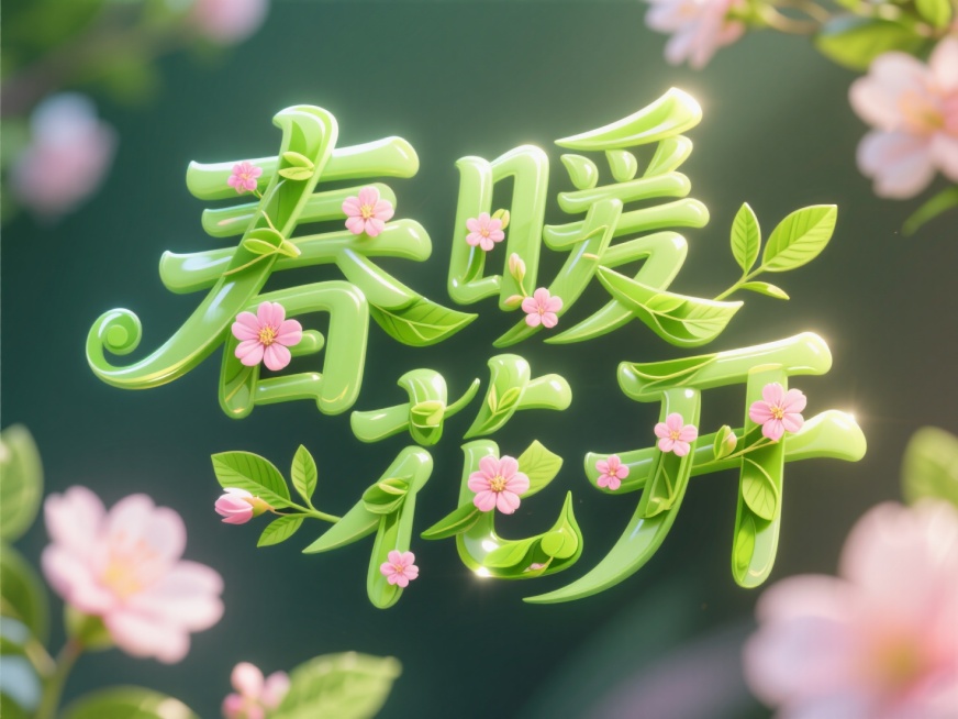 “春暖花开”四个大字，字的笔画由嫩绿的树叶、绽放的花朵组成，字体立体感强，充满生机与活力预览效果