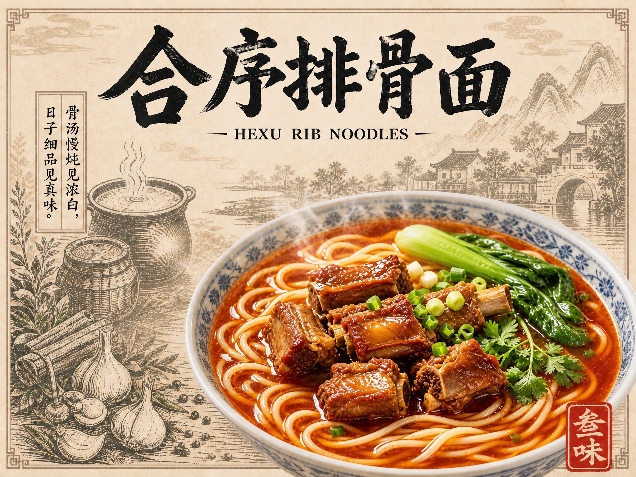 以第一张海报为整体基础，仅将碗内食物替换为第二张参考图中的写实… - 图片创意预览