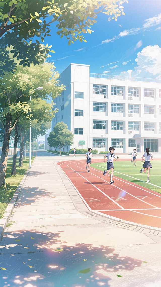 校园场景，学校教学楼，阳光洒脱在校道上，校道上种满了绿树，蓝天白云，学校塑胶跑道的操场，零星学生在运动，呈现光感氛围