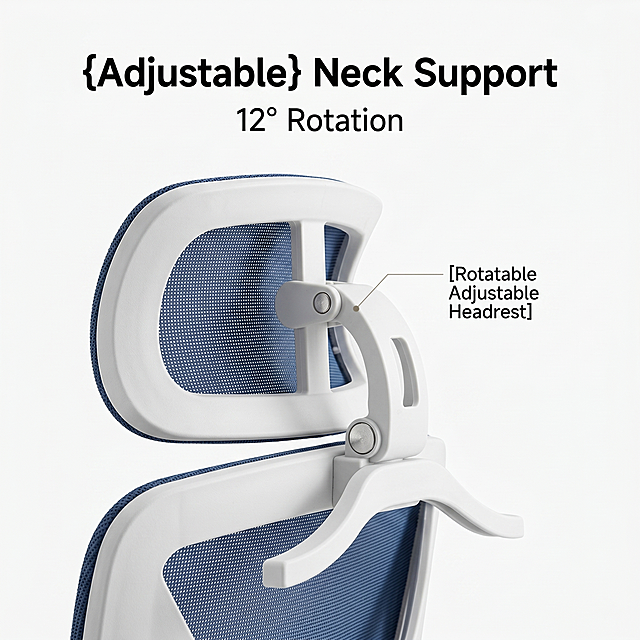 [Main Image 4] Adjustable Headrest Detail.
[Atmosphere Style] Professional and functional product photography style, objective and clear.
[Image Quality] Commercial photography texture, soft and transparent light, clear and real product, clean and high-class picture.
[Elements] Focus on the rotatable adjustable headrest of this office chair, zoom in to show the flip adjustment structure and breathable mesh design of the headrest. Keep the original white frame + blue mesh color and material texture of the product, strictly consistent with the original product structure, no distortion. Add a thin line lead to the rotation hinge with the English title "[Rotatable Adjustable Headrest]". The product subject accounts for about 80% of the picture, the background is pure white, full screen without border.
[Light and Shadow] Soft studio backlight combined with front fill light, highlight the layered structure of the headrest, clear mesh texture, soft shadow.
[Color Matching] Main color is pure white background, auxiliary color is product original blue + white, color matching is clean and concise.
[Perspective Composition] Close-up side view, focus on the headrest adjustment connection structure.
[Text Layout] Top center alignment, the main title "{Adjustable} Neck Support" is large bold, the subtitle "12° Rotation" is half the size of the main title, all English, no Chinese. The text does not block the product subject, the level is clear.
[Proportional Resolution] 1:1 ratio, 2K resolution, clear text, ultra high definition.
[Negative Prompt] Deformation, watermark, text disorder, blurred product image, messy background, Chinese characters.