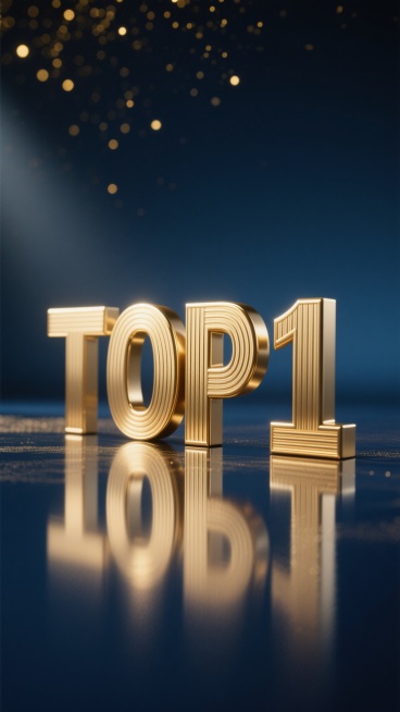 3D渲染的金色金属质感「TOP 1」立体艺术字，表面有细腻的竖条纹纹理，位于画面中央偏下位置，在光滑的金属平面上投射出清晰倒影。背景改为深邃的午夜蓝渐变，顶部点缀着细碎的金色光斑，底部过渡为带有金属光泽的深蓝色，整体保持低饱和度的高级感，光线从左上方柔和照射，在文字边缘形成明亮的高光和自然的阴影，营造出神秘而尊贵的氛围。预览效果