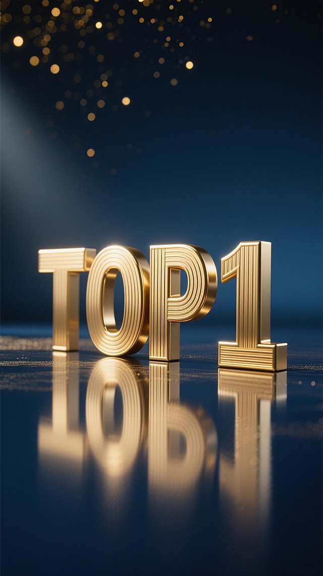 3D渲染的金色金属质感「TOP 1」立体艺术字，表面有细腻的竖条纹纹理，位于画面中央偏下位置，在光滑的金属平面上投射出清晰倒影。背景改为深邃的午夜蓝渐变，顶部点缀着细碎的金色光斑，底部过渡为带有金属光泽的深蓝色，整体保持低饱和度的高级感，光线从左上方柔和照射，在文字边缘形成明亮的高光和自然的阴影，营造出神秘而尊贵的氛围。