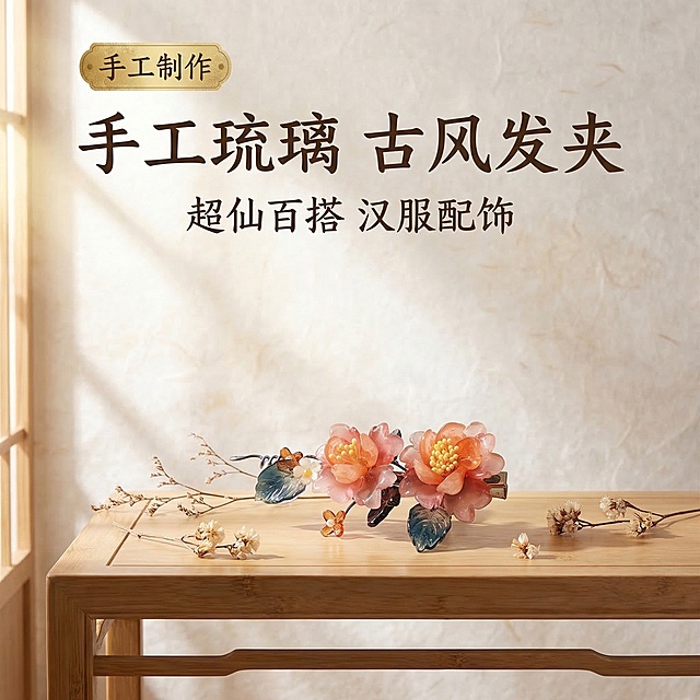 [垫图] https://gdesign-dam-hz.dancf.com/35871712442951807/f81096f8e8144e3bbac045f1e5d21286.jpg
[主图主题] 古风手工琉璃发夹主图
[氛围/风格] 古风超仙，雅致氛围感，高级静物摄影质感
[画面元素] 古风发夹居中放置在中式浅木色案台上，旁侧点缀少量干枯花枝，背景是朦胧的宣纸纹理，暖柔窗光从侧面打来，光影细腻通透，背景铺满全屏无边框，发夹主体占据画面50%-60%，产品外观与原图完全一致
[配色色系] 主色调：暖粉橙（发夹花朵）、浅木色（背景）；辅助色：墨蓝（叶片）、米白（背景纹理）
[视角构图] 平视视角，景深适中，主体突出
[文字版式] 主文案“手工琉璃 古风发夹”，副标题“超仙百搭 汉服配饰”，左上角金色复古标签“手工制作”，字体为典雅宋体，深棕字色。主标题位于画面上方，副标题在主标题下方，采用悬浮排版，保留适当留白，整体构图典雅平衡