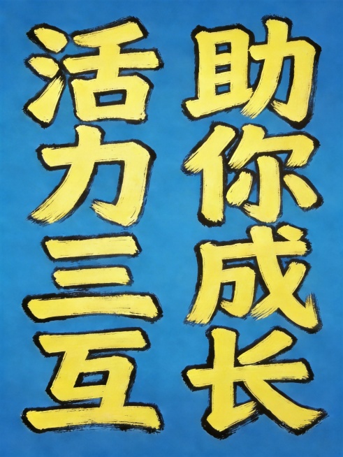 将字体颜色修改为统一纯色柠檬黄，去除阴影和渐变，保持明亮质感，保留设计：纯蓝色背景，竖版双列排列，八个字"活力三互助你成长"，左列活力三互，右列助你成长，舒展字间距和列间距，黑色描边，黑板粉笔手绘风格预览效果