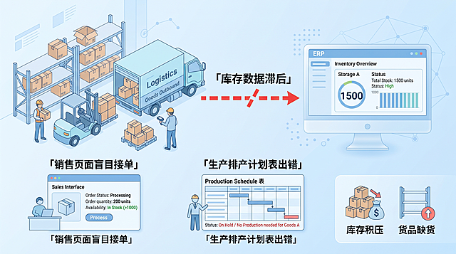 生成16:9 横版商务数字化问题信息图，浅蓝极简科技扁平化矢量插画，干净浅渐变背景，无真人。画面左右形成对比冲突：左侧仓库场景，工人完成货物出库、物流货车运走货品；右侧 ERP 系统电脑界面，库存数字仍显示高库存，账面数据未同步；中间红色断裂虚线代表数据断层，标注文字「库存数据滞后」；下方分两行展示连锁负面影响：销售页面盲目接单、生产排产计划表出错，右下角标注后果：库存积压、货品缺货。整体 B 端企业管理痛点配图，线条柔和通透，文字清晰可读，3D 磨砂玻璃简约元素，无杂乱装饰，高清矢量质感