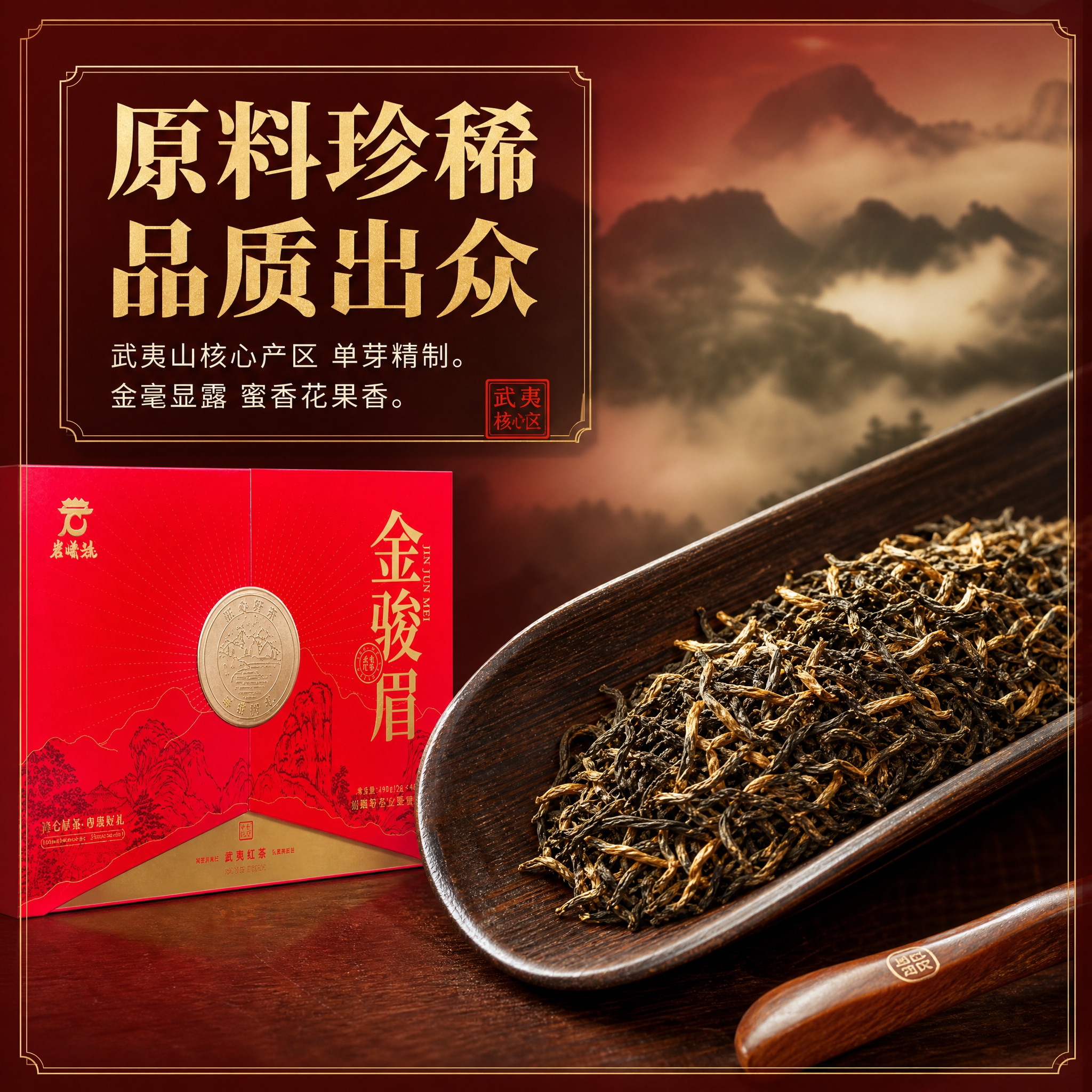 基于图中的岩曦号金骏眉红色双开礼盒（正面），生成抖音电商主图第… - 图片创意预览