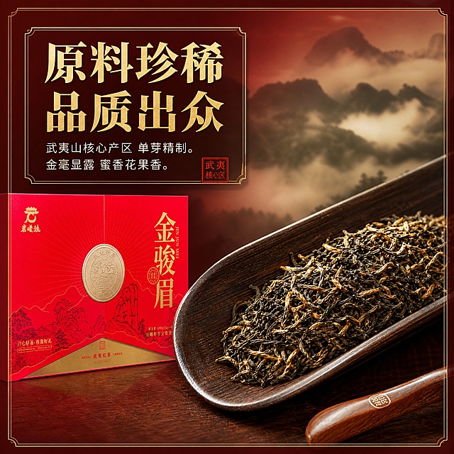 基于图中的岩曦号金骏眉红色双开礼盒（正面），生成抖音电商主图第2张：原料珍稀 干茶展示。保持原包装外观、颜色、Logo、文字、双开门结构完全一致。新中式高端质感，背景主色为深红渐变+暖木色，标题字色为烫金色，辅助字色为米白色，强调色为朱红印章色；字体为粗衬线宋体+细黑体，卡片用细金线描边。画面左侧保留岩曦号金骏眉双开礼盒正面局部作为产品背书，占画面约25%。画面中心偏右位置用微距特写展示金骏眉干茶：芽头细小紧秀，金毫显露，整齐铺放在深色竹制茶则上，干茶细节清晰可见绒毛质感。旁边放一把小茶拨。背景虚化武夷山高山云雾意境，用远山云雾剪影表现产地环境。商业微距摄影质感，侧逆光打亮干茶金毫，绒毛根根分明，茶则有细腻木纹质感。左上区域排版主标题：原料珍稀 品质出众。副标题分两行：武夷山核心产区 单芽精制。金毫显露 蜜香花果香。文字用金线细框装饰，不遮挡干茶主体。1:1比例，干茶微距清晰，产品包装准确。禁止干茶形态失真、包装变形、错字、模糊、水印、平台Logo。