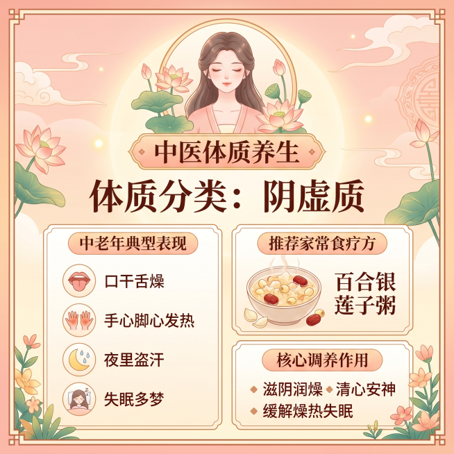 中医体质养生微信九宫格海报单张,主题:阴虚质,包含文案:体质分类:阴虚质,中老年典型表现:口干舌燥、手心脚心发热、夜里盗汗、失眠多梦,推荐家常食疗方:百合银耳莲子粥,核心调养作用:滋阴润燥,清心安神,预览效果