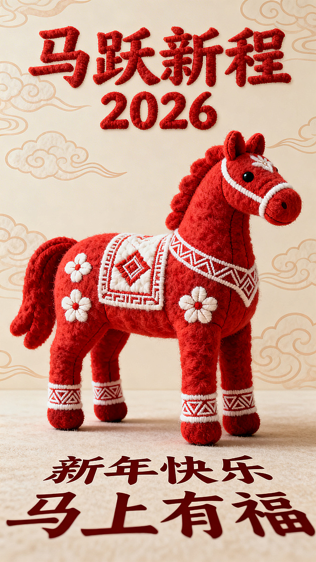 国潮刺绣风毛绒马，红白相间，纹样精致，重拟物设计，喜庆中式感十足，寓意2026新年吉祥如意。