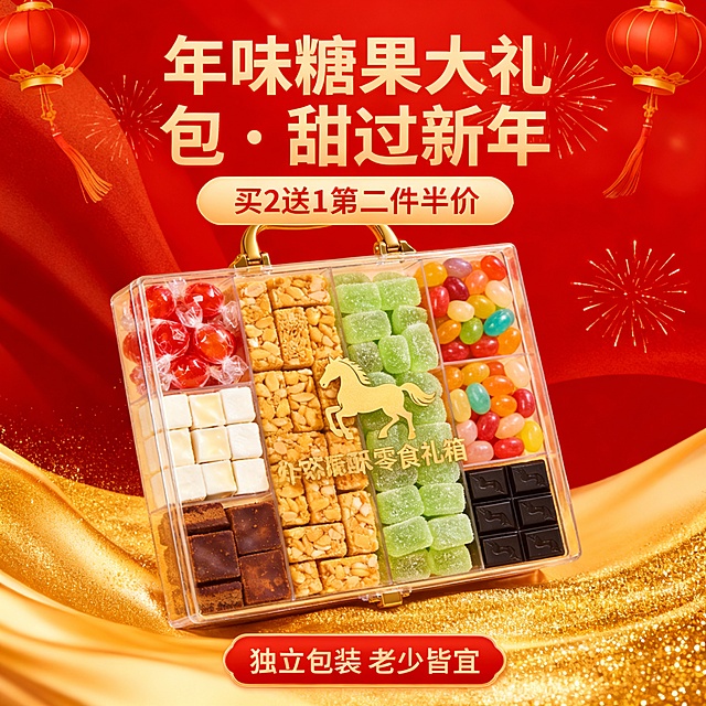 马年年货节零食促销海报，竖版系列风，红金渐变背景 + 流动金粉光效，核心产品为什锦糖果礼包（奶糖、酥糖、巧克力），礼包采用透明设计，露出缤纷糖果，周围点缀迷你红灯笼与烟花特效，主标题 “年味糖果大礼包・甜过新年”，副标题 “买 2 送 1 第二件半价”，底部标注 “独立包装 老少皆宜”，视觉鲜艳吸睛，凸显甜蜜年味。