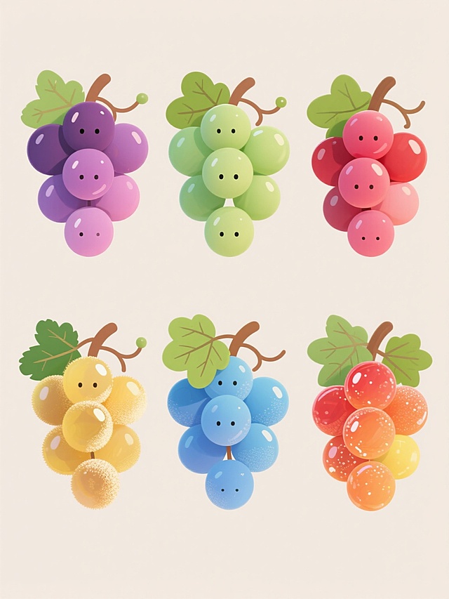 手绘插画风，六个不同配色、不同样式、不同材质的葡萄造型，上下两行对齐排列，浅色背景。整体采用圆润可爱的卡通风格，线条简洁流畅，色彩明快鲜亮。每串葡萄都有独特的颜色搭配，如深紫配浅紫、翠绿配淡绿、酒红配粉红、金黄配浅黄、靛蓝配天蓝、橙红配橙黄等。葡萄果实饱满圆润，表面有高光点缀，呈现出不同的材质感，有的光滑如釉质，有的带有细微绒毛，有的半透明似果冻，有的带磨砂质感，有的有糖霜效果，有的则像晶莹剔透的宝石。每串葡萄都带有绿色的叶子和棕色的藤蔓，叶子边缘有简单的锯齿，叶脉清晰可见。整体构图平衡，葡萄串大小略有变化，避免单调，所有元素在浅色背景上显得清新明快，充满童趣和活力。