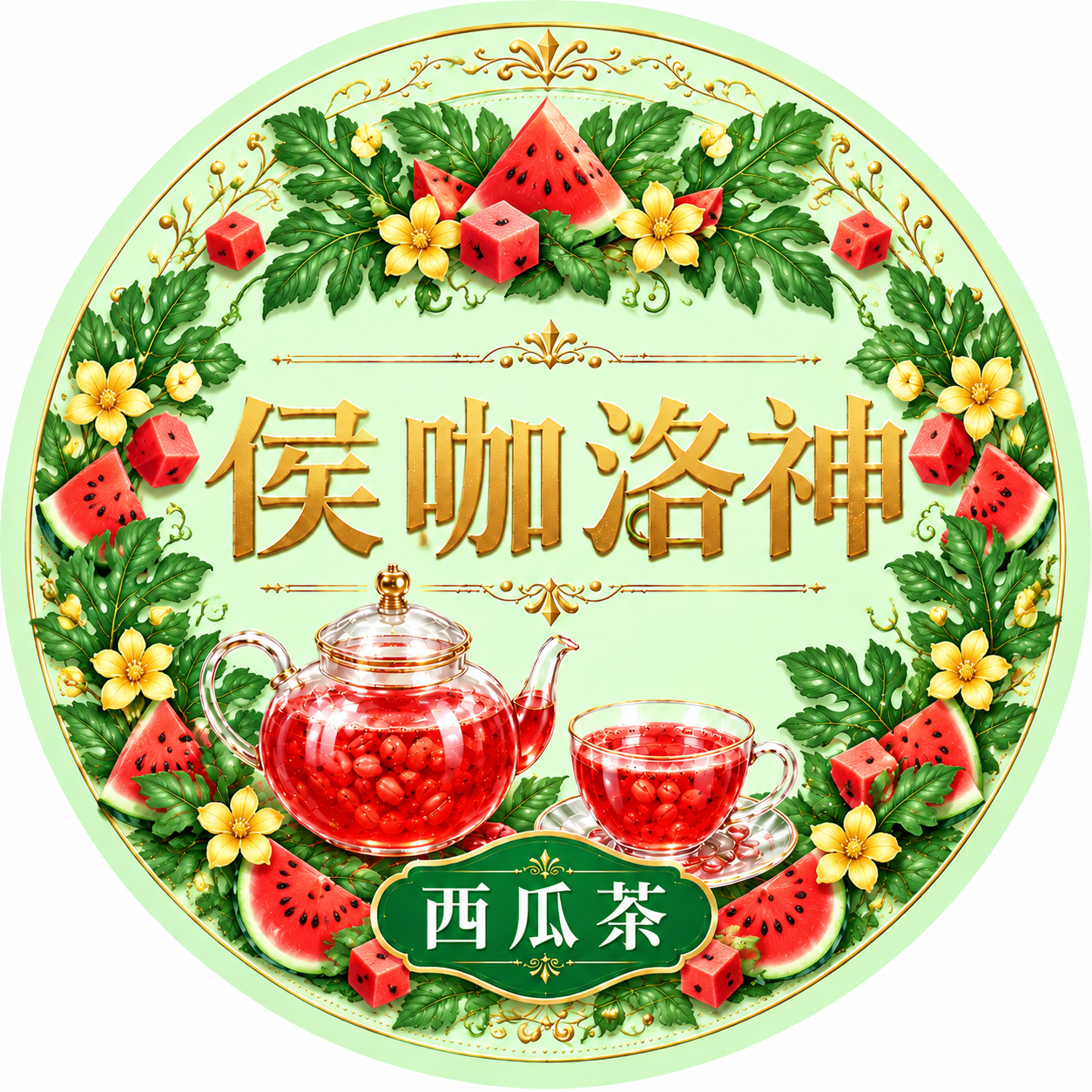 基于参考图彻底重绘，保持浅绿色圆形背景、金色边框花纹、"侯咖洛… - 图片创意预览