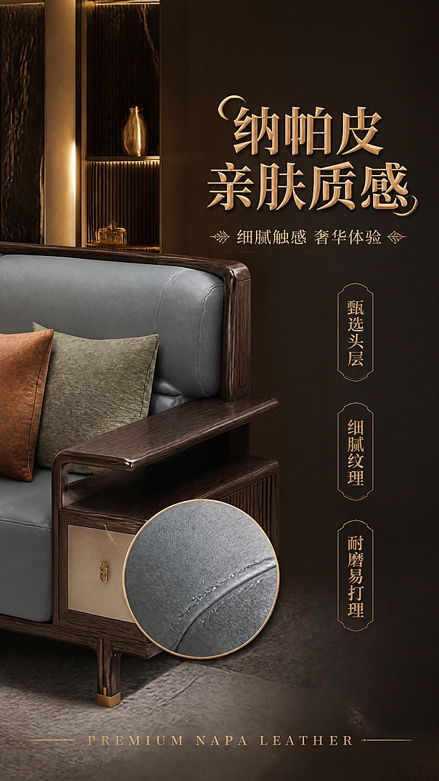 [第3张] 材质工艺页-纳帕皮面料质感细节展示。本张使用【图1】作为商品主体，保持沙发整体外观与输入图一致，重点展示纳帕皮面料的细腻质感，不改变产品比例尺寸，无人物。
[氛围/风格] 新中式轻奢高级风，质感特写，商业摄影级，奢华大气。
[元素布局] 画面左侧为沙发局部特写（扶手或靠背边角），占比约45%，清晰展示纳帕皮细腻纹理、光泽感和缝线工艺；画面右侧为大面积留白区域用于文字排版；背景为深色调奢华空间局部，含金属装饰线条、大理石纹理、精致摆件等；画面中可加入放大镜效果圈出皮革纹理细节，或用水滴/光影表现皮面质感。
[光影质感] 侧光斜打在皮革表面，凸显皮纹肌理和细腻光泽，高光柔和，阴影过渡自然，体现纳帕皮的高级触感。
[配色色系] 全局底色深咖色暖调，主色雾霾蓝皮革+深胡桃木，辅助色香槟金+米白，整体沉稳奢华。
[视角构图] 特写+全景结合构图，左侧产品特写，右侧文字区，阅读动线右上标题→左侧产品细节→底部说明。
[文字版式] 右上区域标题排版，主标题艺术字体带花样设计「纳帕皮 亲肤质感」，副标题「细腻触感 奢华体验」；下方配3个竖排卖点标签「甄选头层」「细腻纹理」「耐磨易打理」；底部一行英文装饰「PREMIUM NAPA LEATHER」；字体使用优雅的艺术衬线字体，带金属质感或浮雕花样；文字不遮挡产品主体。
[比例分辨率] 9:16竖版比例，4K分辨率，文字清晰可辨，高清画质。
[负向提示词] 沙发变形，比例失调，人物出现，水印，文字错乱，颜色偏差，产品模糊，内部结构展示。
