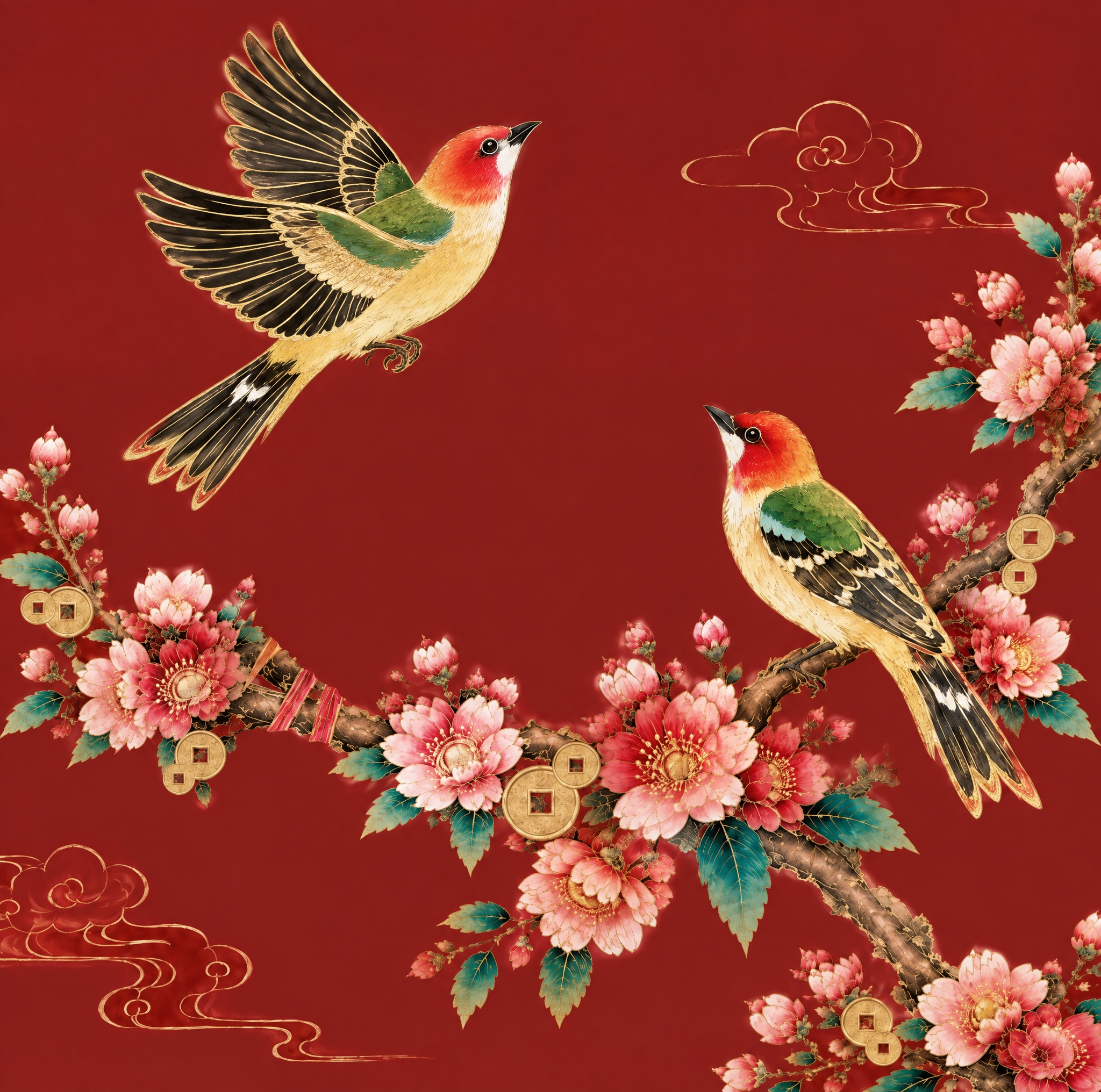 参考图中飞鸟的形态、羽毛细节和描金工笔风格，将画面左上方的飞鸟… - 图片创意预览
