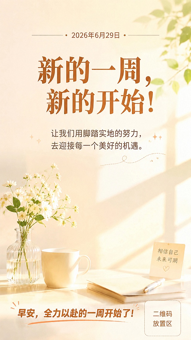 在现有这张周一早安海报的右下角空白区域，预留出一块合适大小的方形区域用于放置推广二维码，保持原海报的所有文案内容、构图、浅暖色调、简约治愈清新风格不变，仅新增预留二维码位置，不改变画面其他元素，整体风格统一协调，保持所有文字清晰可读