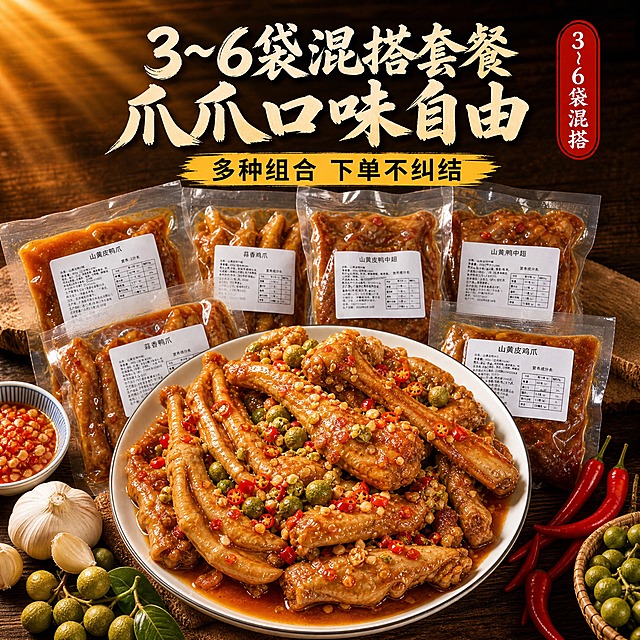 [主图-4] 卤味混搭套餐主图，唯一任务：展示3~6袋多口味混搭套餐，传达爪爪口味自由、多种组合下单不纠结的囤货感，强食欲、抖音风格、大师摄影质感。
[统一基调] 抖音食品爆款风，暖棕深木色食欲基调，自然暖阳逆光，油亮通透的卤味质感；主标题用粗笔刷书法大字（参考图10风格，厚重飞白墨迹），米白字色带轻微阴影描边；副标题用清爽黑体，暖黄色；角标用红色竖排印章样式；整体信息层级清晰，强视觉冲击但不遮挡食物主体。
[画面] 画面中下部为视觉主体：一只大号白瓷盘里满满堆叠着卤好的鸭爪、鸡爪、鸭中翅，表皮油亮红润，裹着浓稠红亮的卤汁，表面撒有红色小米辣圈、蒜末和绿色山黄皮果粒，酱汁从食材缝隙中溢出，极具食欲；盘子周围散落新鲜山黄皮果、整颗大蒜、红辣椒、一小碟蒜蓉辣椒酱作为原料点缀；盘子后方错落摆放3~6袋透明真空包装的卤味产品（包含山黄皮鸭爪、山黄皮鸭中翅、蒜香鸡爪、蒜香鸭中翅、蒜香鸭爪、山黄皮鸡爪等多口味），包装袋标签清晰可见，呈自然堆叠的囤货感，体现多种组合混搭；背景为深棕色老木纹桌面，左上角有柔和暖光斜射下来，形成丁达尔光效，营造大师美食摄影氛围。
[光影质感] 大师级商业美食摄影，自然暖阳逆光从左上打入，勾勒出卤味食材的油亮轮廓和通透感；酱汁表面有高光反光，食材纹理清晰，皮筋肉嫩的质感真实；木桌背景有自然明暗渐变，浅景深虚化突出主体；整体光影柔和有层次，拒绝生硬冷光和死白。
[配色] 主色调：深棕木色 + 卤味红棕色；辅助色：米白（主标题）、暖黄（副标题）、山黄皮青绿、辣椒红；强调色：印章红（角标）。整体暖调浓郁，食欲感强。
[文字版式] 顶部居中主标题：粗笔刷书法大字，米白色带浅棕阴影，分两行或一行，内容为「3~6袋混搭套餐 爪爪口味自由」；主标题下方副标题：暖黄色黑体，内容为「多种组合 下单不纠结」；右上角竖排红色印章式角标，白字内容「3~6袋混搭」；文字均放在画面上部负空间，不遮挡盘中食物主体；字体风格统一参考图10的书法大字+印章角标组合。
[输出要求] 比例1:1，2k分辨率，文字清晰可读，产品外观与输入图一致，强食欲感，抖音风格，大师摄影质感；负向：变形、错字、糊字、水印、平台Logo、杂乱背景、主体模糊、悬浮穿模、低画质、塑料感。