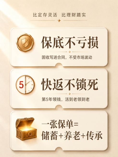 小红书笔记封面，纯大字杂志海报风格，版式精美，小红书笔记封面质感，适合信息流点击。顶部小标题："比定存灵活 比理财踏实"。背景：延续米白肌理纸张背景，左侧有一束柔和的自然光。画面中央是三个并列的圆角矩预览效果