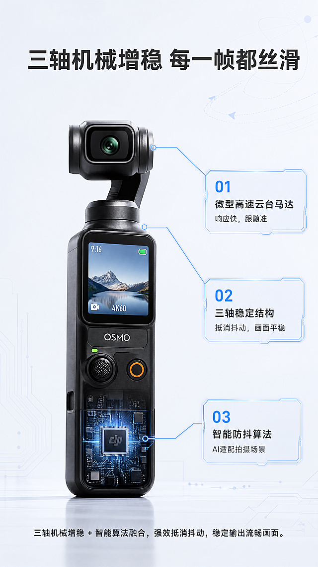 [第3屏] 核心增稳技术解析-大疆pocket云台增稳技术讲解。本屏使用【图1】作为商品主体参考，保持产品外观结构一致。
[氛围/风格] 硬核技术展示，科技感，专业通透，视觉层次清晰。
[元素布局] 页面上部为大标题，中部放置大疆pocket产品，周围用引线标注核心增稳部件：微型云台马达、三轴机械增稳结构、智能算法芯片。背景搭配运动拍摄轨迹示意图，底部放置效果说明文字。产品主体在中部，占比约50%，标注引线清晰不遮挡主体。
[光影质感] 中心柔光突出产品，技术标注区域使用浅光衬托，明暗层次分明，产品和标注都清晰可见。
[配色色系] 全局底色：#EDF2F7；主体黑银配色；标注引线用蓝色，标题深灰，说明文字黑色。
[视角构图] 产品正面居中，标注分布于四周，从上到下阅读动线清晰。
[文字版式] 顶部标题「三轴机械增稳 每一帧都丝滑」深灰色加粗，居中排布，字号约占画面高度5%。每个标注点用蓝色引线连接对应部件，标注文字：「微型高速云台马达」「三轴稳定结构」「智能防抖算法」，每个标注下方补充一行小字说明用户收益：「响应快，跟随准」「抵消抖动，画面平稳」「AI适配拍摄场景」。文字大小适中，移动端清晰可读。
[比例分辨率] 9:16竖版比例，4K分辨率，文字清晰可辨。
[负向提示词] 产品变形，结构错误，引线错位，文字错乱，颜色偏差，水印，背景杂乱。