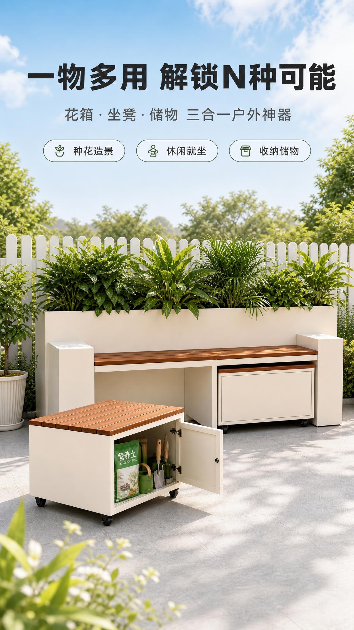 [商品] 使用【图1】户外多功能花箱储物坐凳组合；保留米白色金… - 图片创意预览