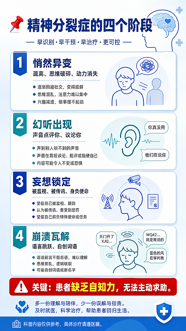 科普图文海报，主题为精神分裂症的四个阶段，包含文字：'📌 精神分裂症的四个阶段： 1️⃣ 悄然异变：疏离、思维破碎、动力消失 2️⃣ 幻听出现：声音点评你、议论你 3️⃣ 妄想锁定：被监视、被传讯、身负使命 4️⃣ 崩溃瓦解：语言跳跃、自创词语  ⚠️ 关键：患者缺乏自知力，无法主动求助。'，医学科普风格，清晰简约的图文排版，蓝色医疗主题色调，重点文字标注醒目，专业干净