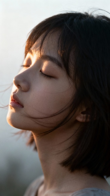女孩的眼睛紧闭，短发随风轻轻飘动，面部被一束柔和的光线照亮，背景朦胧而宁静，整体气氛显得安详与平和预览效果