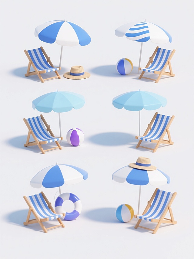 3D渲染风格的简约现代设计，六组规整排布的夏季海滩素材，每组包含不同样式的遮阳伞（如蓝白条纹伞面、蓝白波浪纹伞面、纯色浅蓝色伞面等），搭配木质框架的蓝白条纹沙滩椅、蓝白相间的沙滩球、蓝紫色渐变救生圈、米色草帽等元素，所有物体保持清晰的3D质感与平滑过渡的色彩，统一采用纯净的白色纯色背景，无任何文字、logo及水印，整体构图均衡对称，光影柔和自然，营造出清爽明快的夏日氛围。