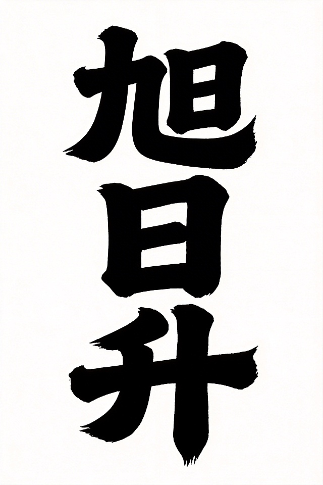 干净的纯白色背景。平面书法艺术字体设计，三个字“旭日升”，竖排排列。保留参考图厚重饱满的笔画风格，雄浑粗黑体书法笔触，带有轻微立体阴影效果。字体主体为纯黑色。仅包含三个字：“旭”、“日”、“升”，不得增加或遗漏任何字。比例2:3。