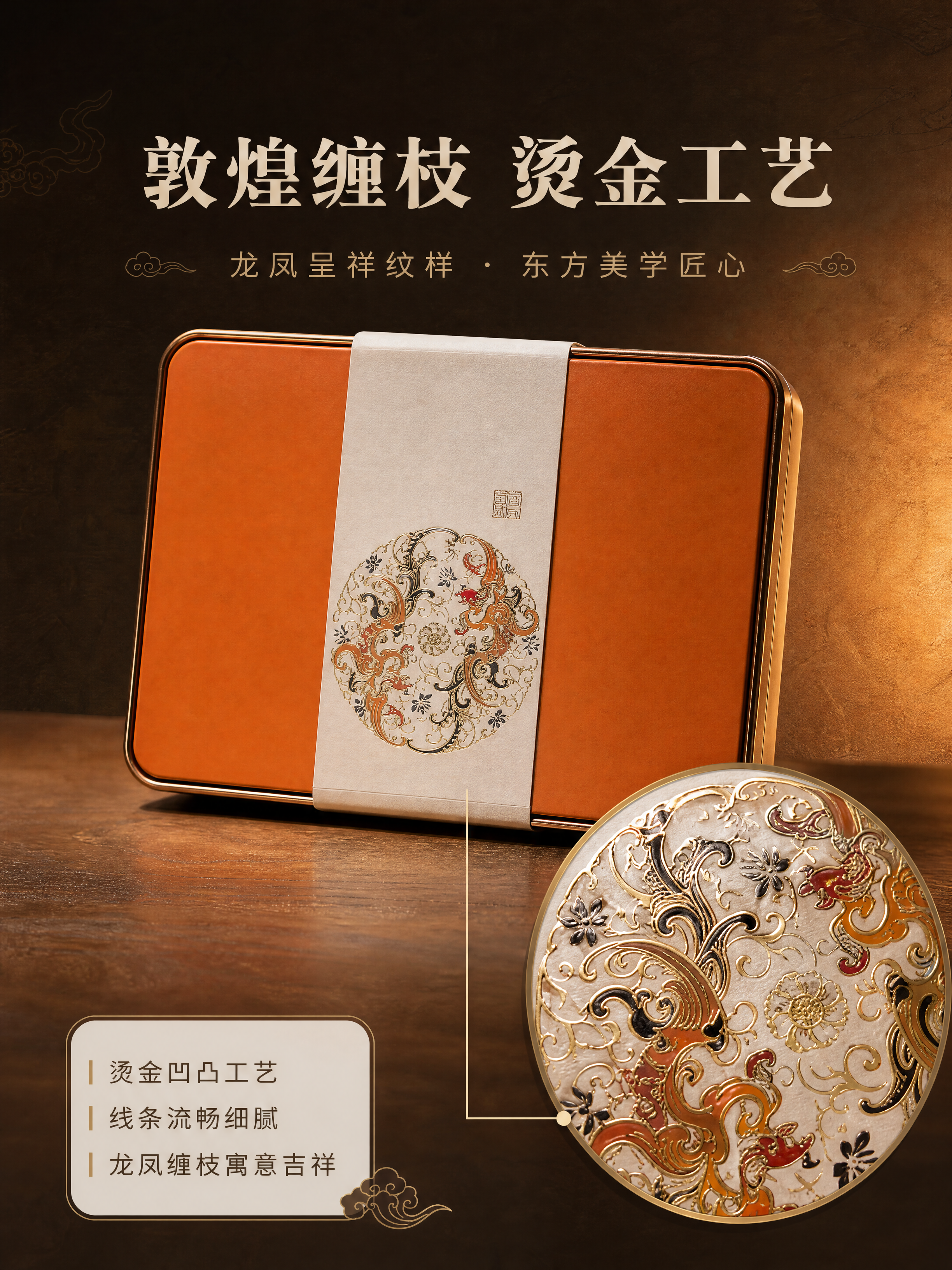 [商品] 使用【图2】敦煌风橙色茶砖铁盒；保留铁盒圆角矩形结构… - 图片创意预览