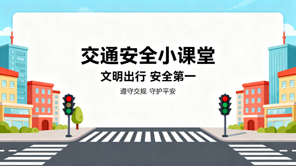 16:9卡通风格交通安全PPT海报，两边是卡通城市建筑，中间大面积留白用于放置文字，保留路口斑马线红绿灯等交通安全元素，画面明亮简洁，适合PPT使用预览效果