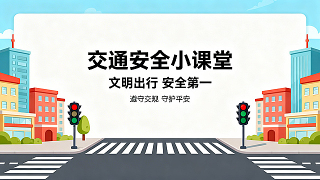 16:9卡通风格交通安全PPT海报，两边是卡通城市建筑，中间大面积留白用于放置文字，保留路口斑马线红绿灯等交通安全元素，画面明亮简洁，适合PPT使用